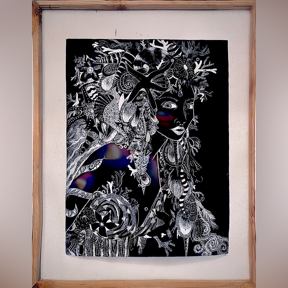 Handmade Black & White Sea Shell Mermaid Ocean Fantasy Scratchboard Artwork